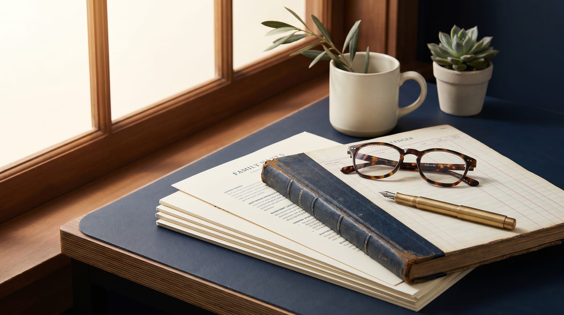 A contract, ledger, reading glasses and pen on a business owner's desk