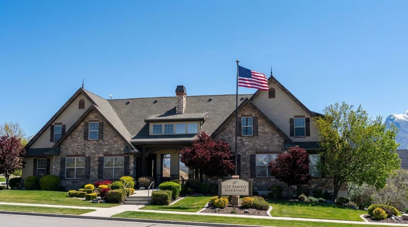 The Gee Family Insurance office — a stone craftsman building in Highland, Utah, with a 'Gee Family Insurance' sign on the front lawn and the U.S. flag flying out front